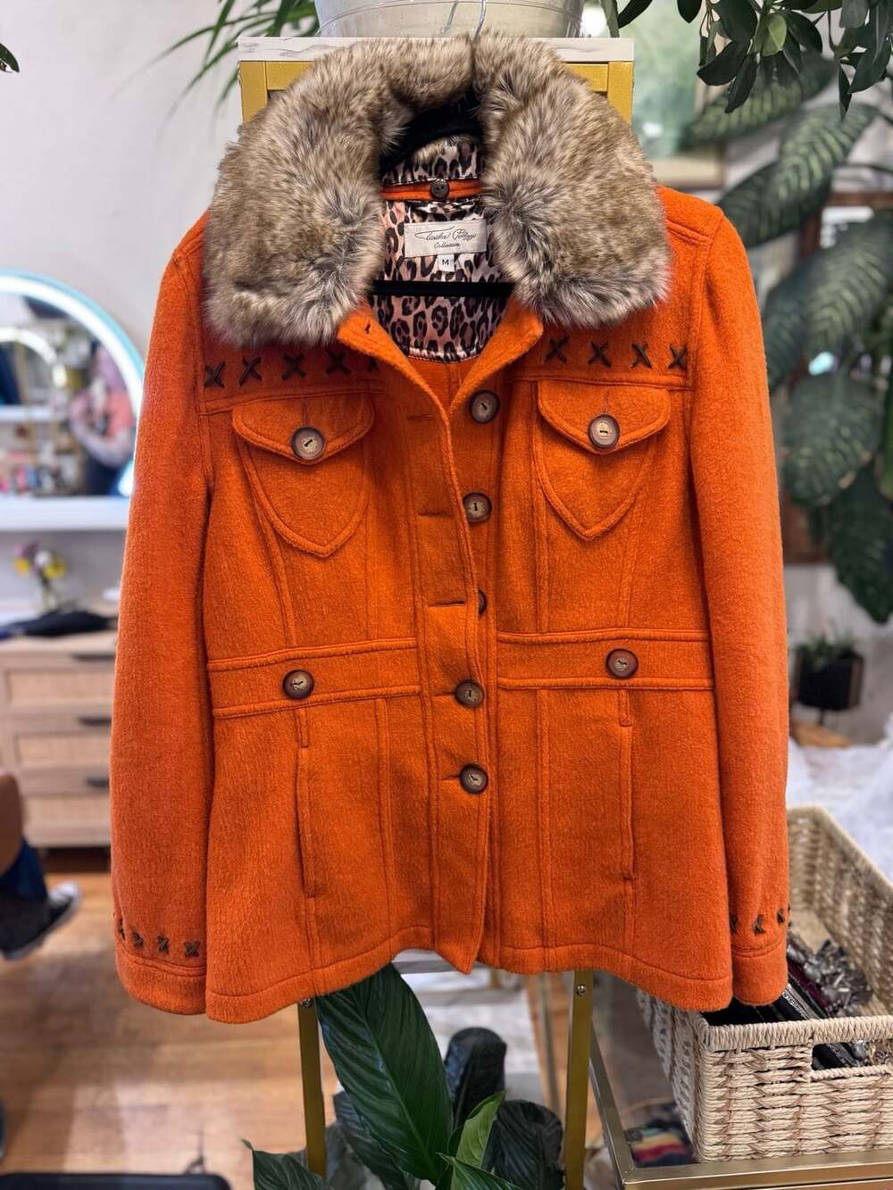 Size M Tasha Polizzi Orange Fur Collar Pea Coat Burnt orange